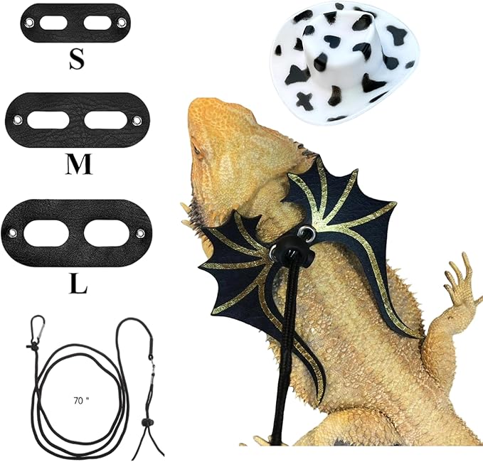 Bearded Dragon Leash Harness Set with Wings and a Hat, Reptile Leash Collar for Lizard, Leopard Gecko and Other Small Animal Pets, Outdoor Play