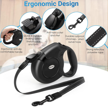 Retractable Dog Leash, 26 Ft Heavy Duty Pet Walking Leash for Small Medium Large Dogs up to 99lbs, Anti-Slip Handle, 360 ° No Tangle, Nylon Tape, One-Handed Brake