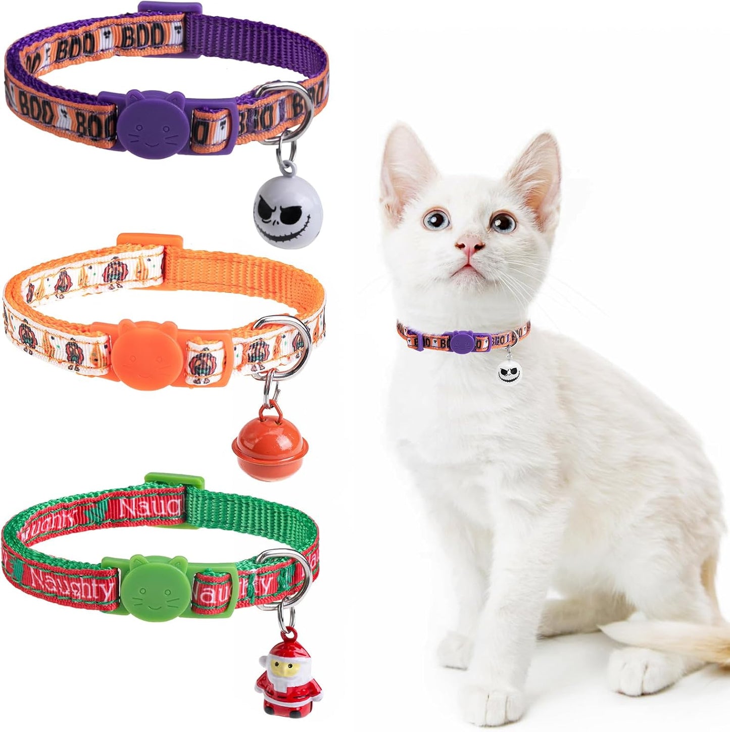 Halloween Cat Collar with Bells, Thanksgiving Cat Collar Breakaway, Christmas Kitten Collars for Girl Boy Cats, Fall Kitty Holiday Collars Adjustable 8-12inch