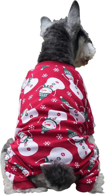 Lanyarco Cute Snowman Christmas Dog Pajamas, Soft Cotton Xmas Christmas Pajamas for Dogs Holiday Pet Clothes Onesie PJS, Red Medium Back Length 16"