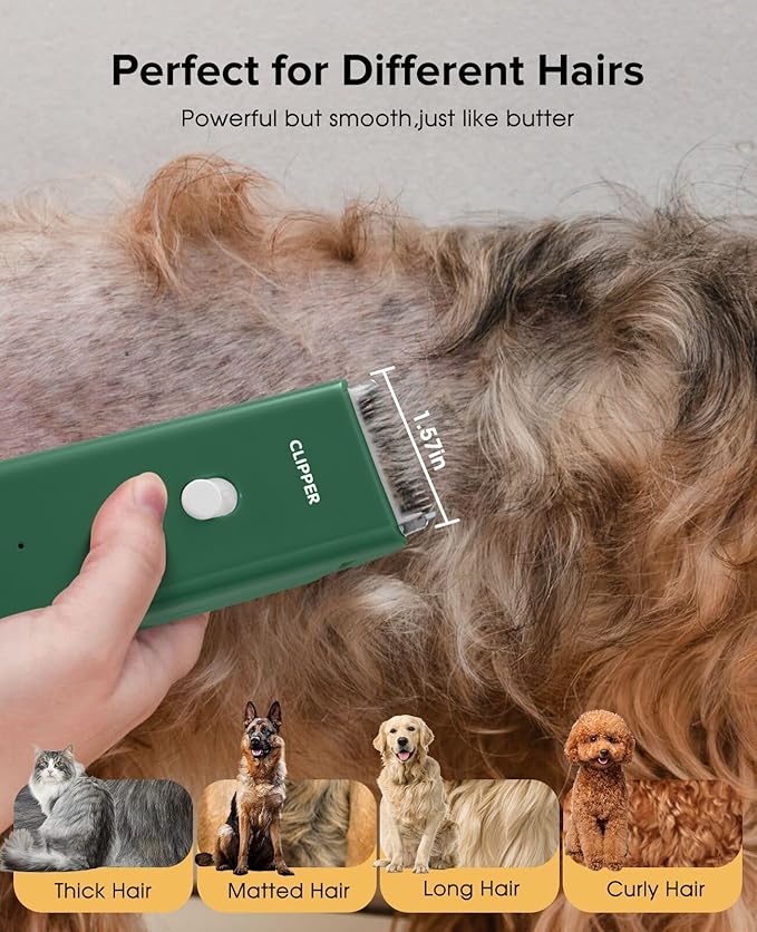 Dog Clipper for Matted & Long Hair,Quiet Pet Paw Hair Trimming Groomer,Handy Cordless Rechargeable Waterproof Shaver Kits for Cats,Small Dogs & Animals Green