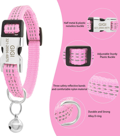 Personalized Reflective Nylon Cat Collar with Name Phone,Custom Engraved Buckle Cat Collar with Bell,Adjustable for Small Dogs Puppy Kitten (Pink,fit 7.5''-12.0'')