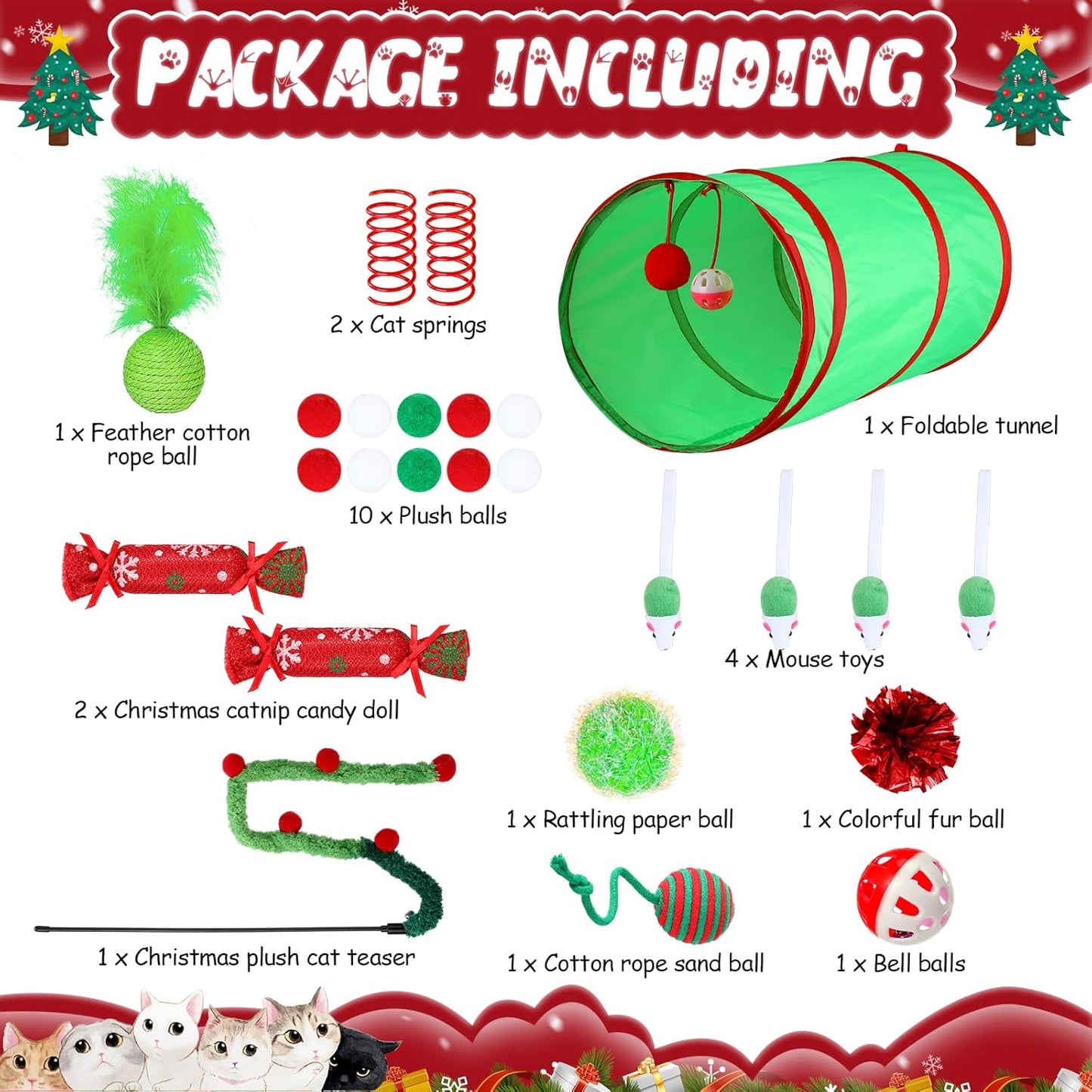 24 Pcs Cat Toys Set Interactive Kitten Toys Pack Including Collapsible Play Tunnel Feather Teaser Wand Fuzzy Ball Springs Pillow Mouse Bells for Indoor Cats Puppy (Green Red,Christmas)
