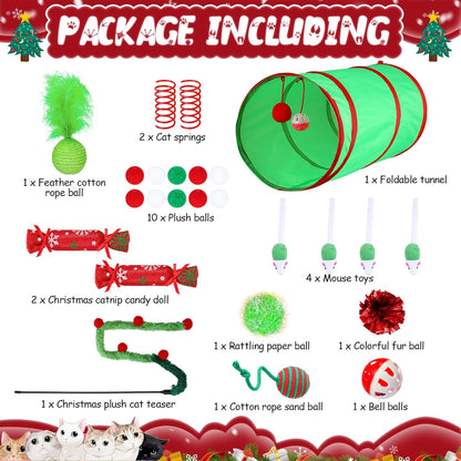 24 Pcs Cat Toys Set Interactive Kitten Toys Pack Including Collapsible Play Tunnel Feather Teaser Wand Fuzzy Ball Springs Pillow Mouse Bells for Indoor Cats Puppy (Green Red,Christmas)