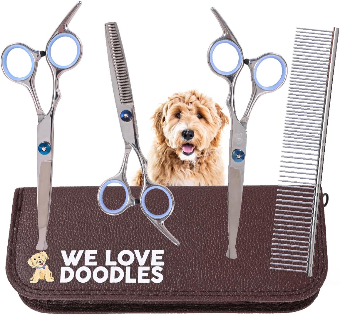 Dog Grooming Scissors Kit with Rounded Blunt Tips - Straight, Curved & Thinning Shears - Best Tools for Goldendoodles, Poodles & Doodles - Professional Grade Steel, 4 Pc Set [We Love Doodles]