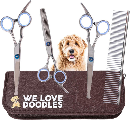 Dog Grooming Scissors Kit with Rounded Blunt Tips - Straight, Curved & Thinning Shears - Best Tools for Goldendoodles, Poodles & Doodles - Professional Grade Steel, 4 Pc Set [We Love Doodles]