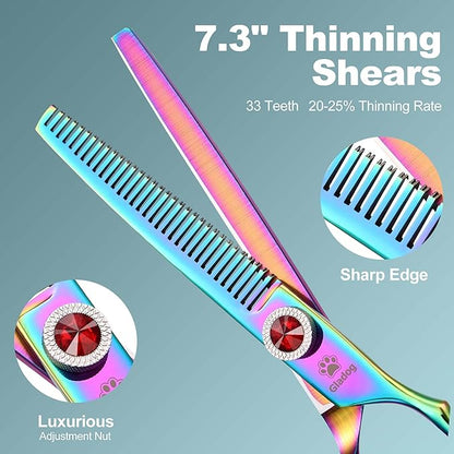 GLADOG 7 Inch Professional Dog Grooming Scissors Kit, 5-in-1 Titanium Coated Pet Grooming Shears Set, Heavy Duty Grooming Scissors for Dogs (Pro Rainbow)