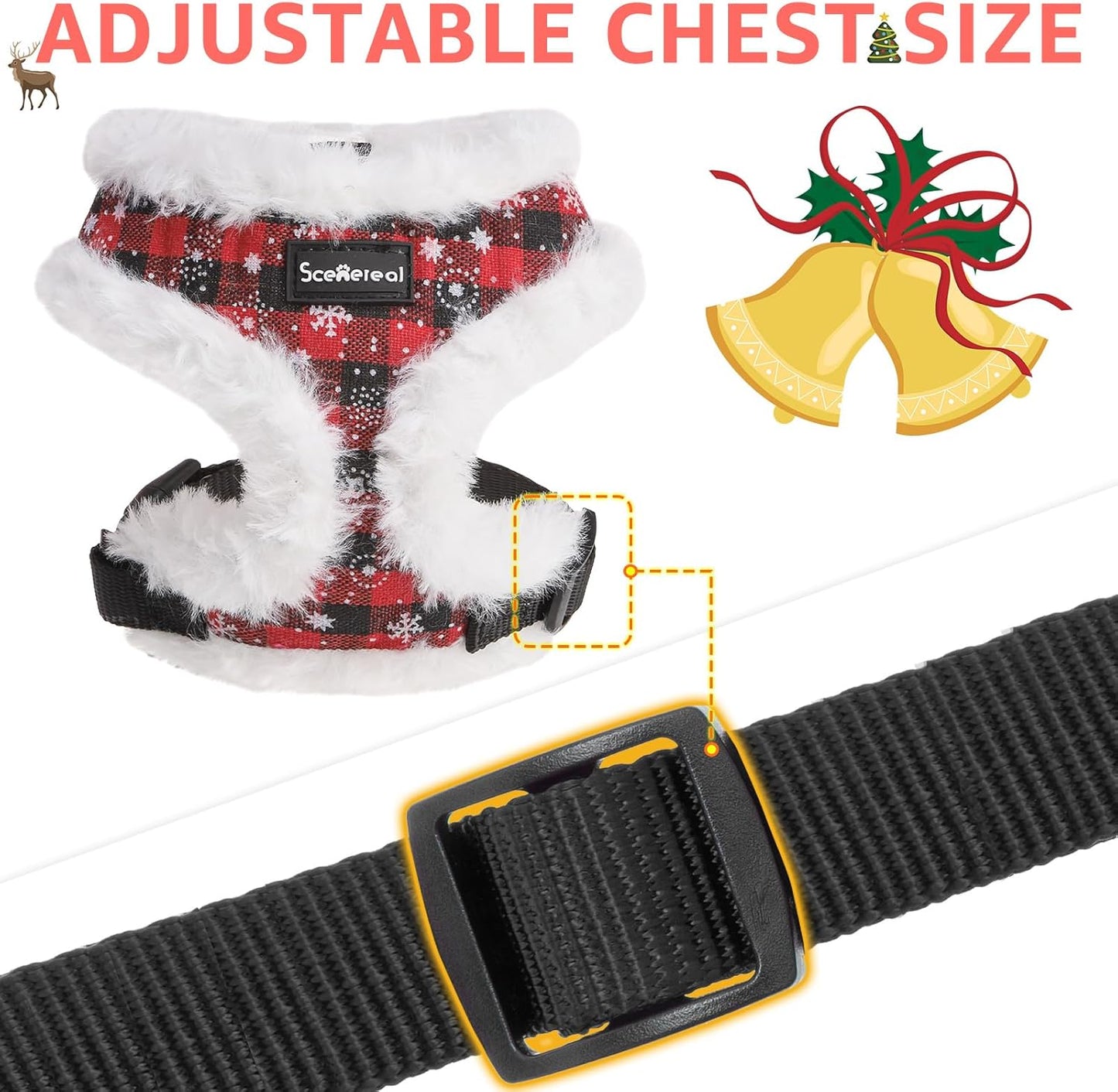 SCENEREAL Dog Christmas Harness Collar and Leash Set, Warm Fleece No Pull Puppy Vest Harnesses No Chock Adjustable Step in Small Pet Halter for Outdoor Walking Training, Black Red Plaid S
