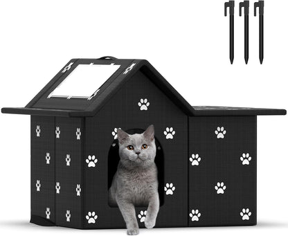 Outdoor Cat House Weatherproof, Large Feral Cat House for Winter, Collapsible Outdoor Cats Shelter in Winter with Door and Soft Mat, Easy to Assemble (Black)