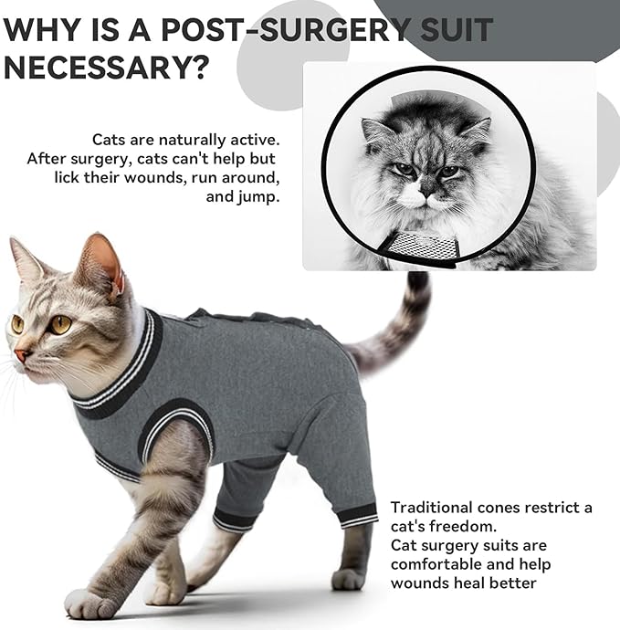 T'CHAQUE Cat Clothes Surgery Recovery Suit for Female Male, Cat Onesie Pet Surgical Pajamas Hind Legs Long Sleeve, Abdominal Wound Skin Diseases, E-Collar Alternative, Spay Recovery Suit, Gray-XL