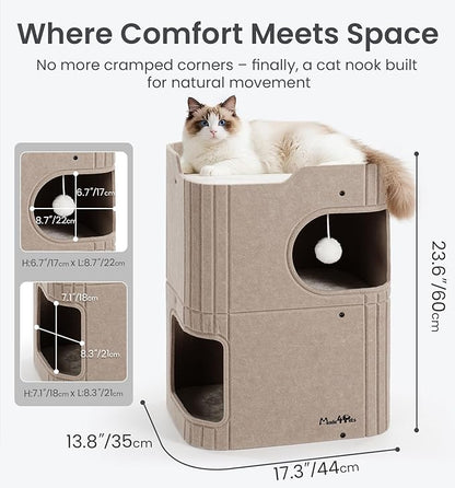 Made4Pets Cat House for Indoor Use, 2-Storey Cube Bed Cave, Covered Hideaway Condo with Scratch-Resistant Felt, Foldable Easy-to-Clean Design for Multi-Cat Homes, Beige