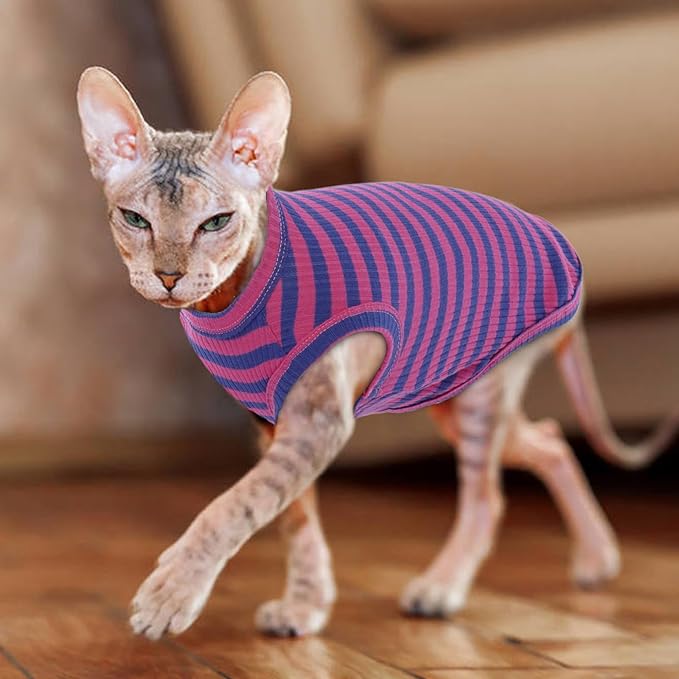 BRKURLEG Sphynx Hairless Cats Shirt Puppy Clothes Soft Cotton T-Shirts Cute Cats Pajamas Cat Stripes Vest Pet Sweater, Round Collar Vest Kitten Shirts(PinkBlue Stripes, L)