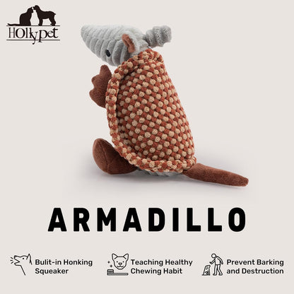 Hollypet Plush Dog Squeaky Toy Stuffed Armadillo Animal Pet Puppy Chew Toys with Clean Teeth for Small Medium Large All Breed Sizes Dogs, Burnt Orange and Light Yellow,8 in