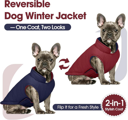 QBLEEV Reversible Dog Coat for Medium Dogs, Waterproof Windproof Winter Jacket Keeps Dogs Warm in Snow, Adjustable Hook & Loop Lightweight Dog Puffer Vest, Wine Red, L – Fits French Bulldog