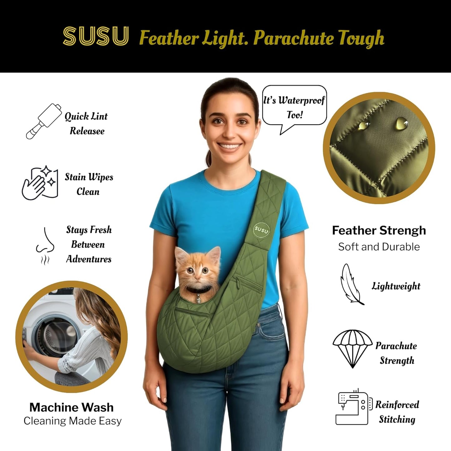 Small Dog Carrier Sling – Olive Green Hands‑Free 2‑in‑1 Sling & Handheld Carrier for Toy Dogs 3-8 lb, Parachute‑Grade Rip‑Stop Nylon, 4″ Padded Strap, Safety Tether & Two Pockets
