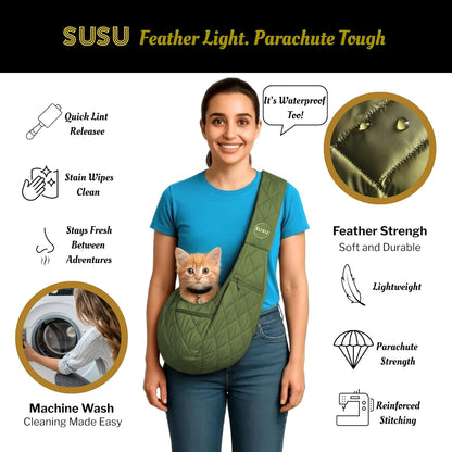 Small Dog Carrier Sling – Olive Green Hands‑Free 2‑in‑1 Sling & Handheld Carrier for Toy Dogs 3-8 lb, Parachute‑Grade Rip‑Stop Nylon, 4″ Padded Strap, Safety Tether & Two Pockets