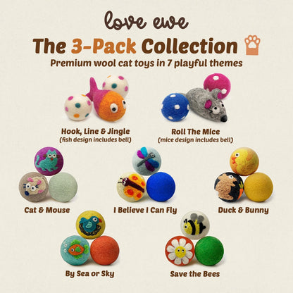 Hustle & Blush Wool Felt Balls - 3 Pack Love Ewe Pet Supplies – 2in Colorful & Durable Cat Toys Handmade from New Zealand, Ideal for Indoor Play and Mental Stimulation – Dragonfly & Butterfly Design