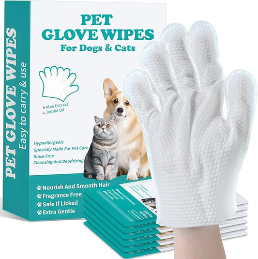 Pet Glove Wipes for Dogs and Cats - Dog Washing Gloves, Cat Bathing Wipes, Individually Wrapped, Moisture-Rich Thickened, Cleaning & Deodorizing, Hypoallergenic, Rinse Free for Grooming and Travel