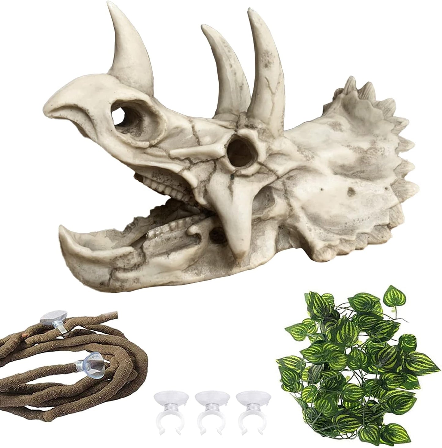 Bearded Dragon Resin Triceratops Skull Hide Decoration Reptiles Artificial Hideout Cave Landscape Tank Accessories Vines Leaves Hideaway Ornaments for Lizards Snake Gecko