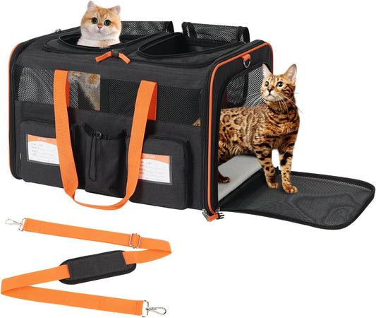 22''(L) x 16''(W) x 14''(H) Large Double pet Carrier for 2 Small-Medium Cats and car Travel,with a Removable Divider,Large Loading top,4 Pockets and Zipper Locks.