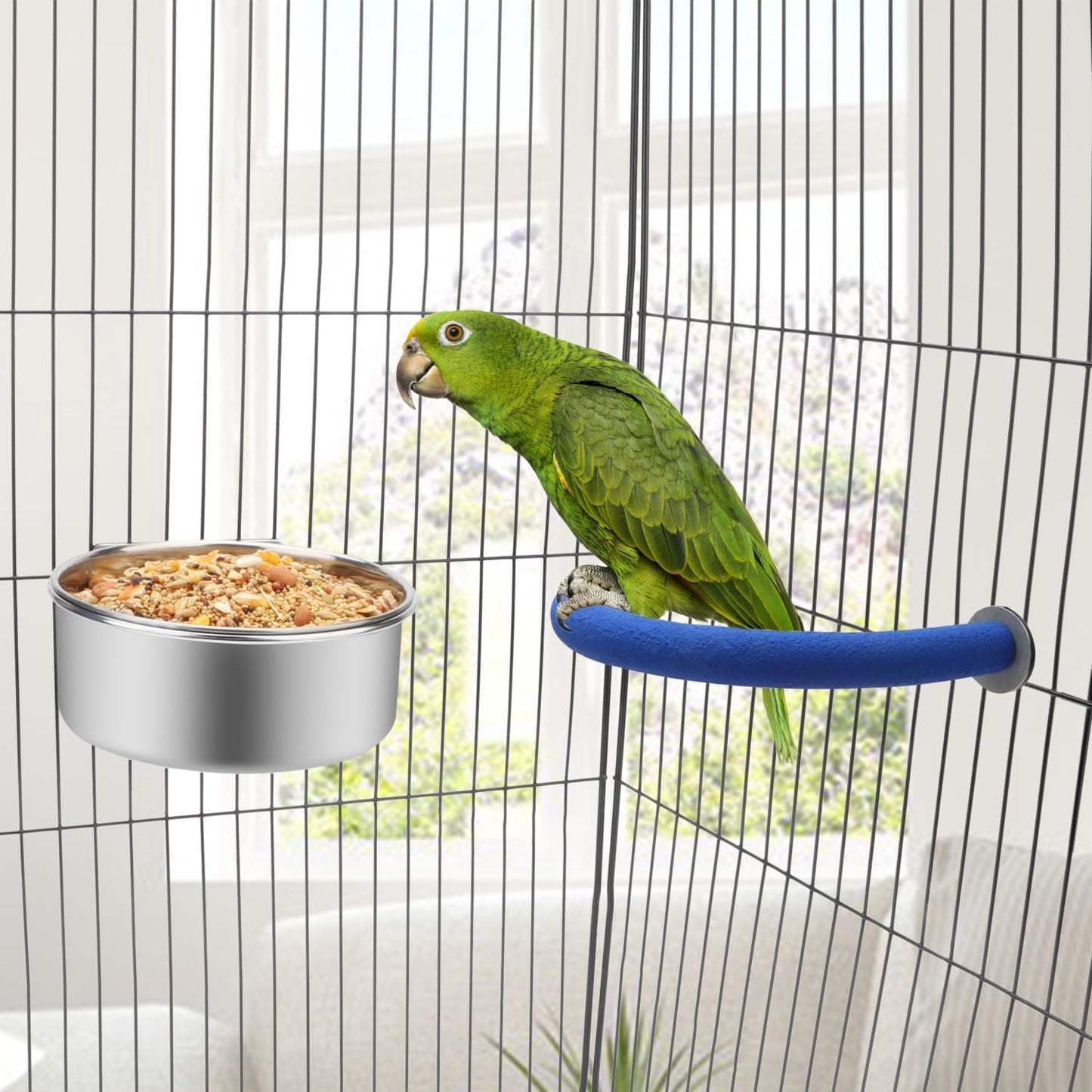 Pet Food Water Bowl with Clamp Holder Stainless Steel Coop Cup Hanging Feeder for Dog Bird Parrot Cat Rabbit (L)