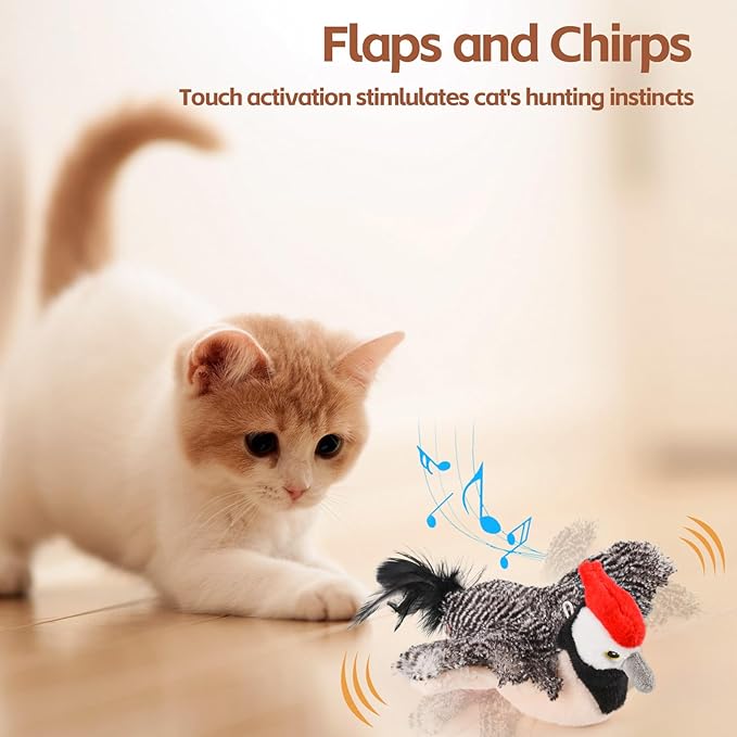 Flappy Bird Cat Toy, Simulated Chirping Flapping Wings Bird, Interactive Catnip Toys, Plush Kitten Exercise Toys for Indoor Cats, Brown Sparrow