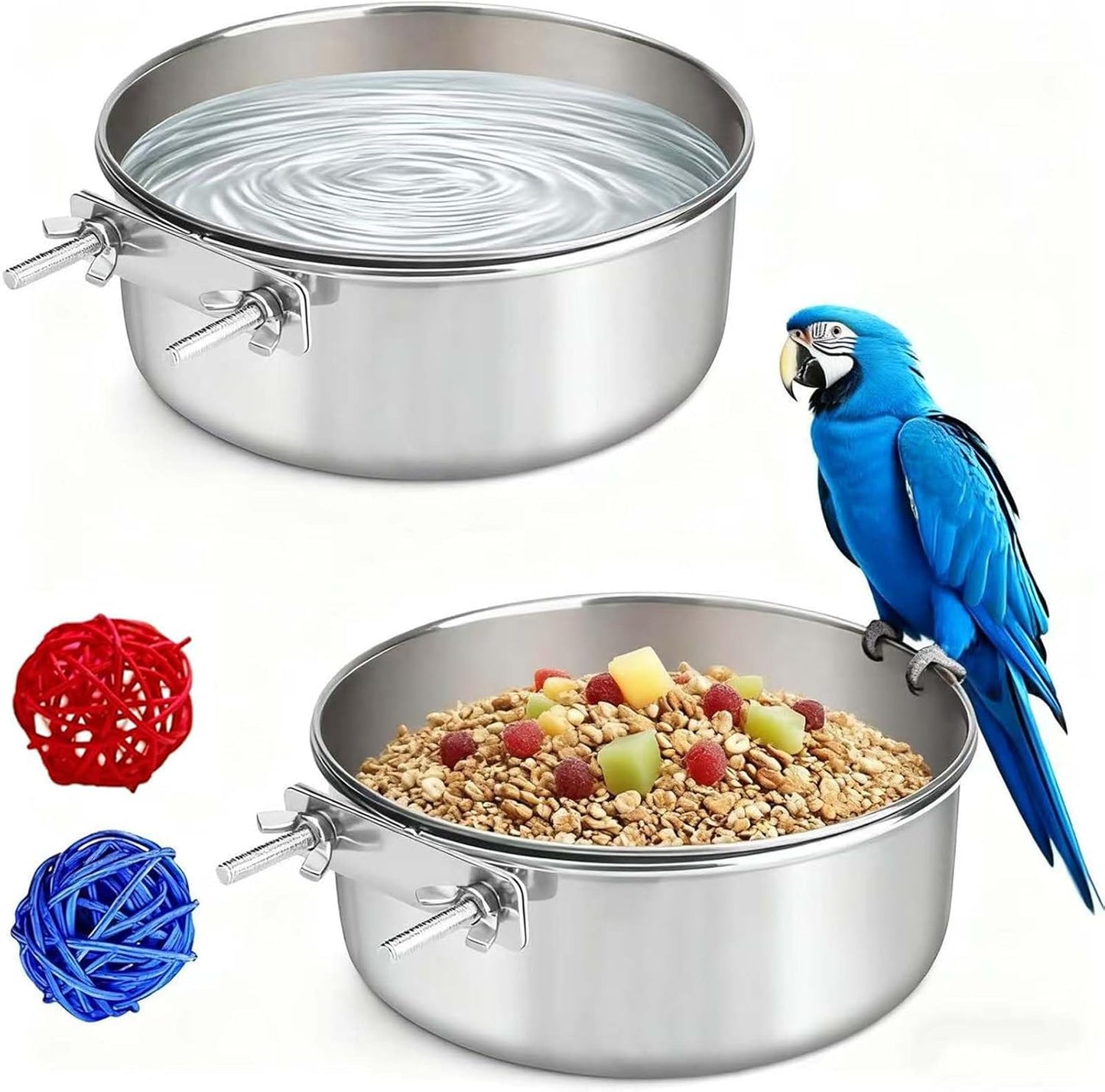 2 Pcs Stainless Steel Bird Food Water Bowls, Parrot Feeding Dish Cups with Clamp Holder Bird Ball Toys for Chinchilla, Cockatiel, Conure, Budgies, Parakeet, Lovebirds, Small Animals (Small)