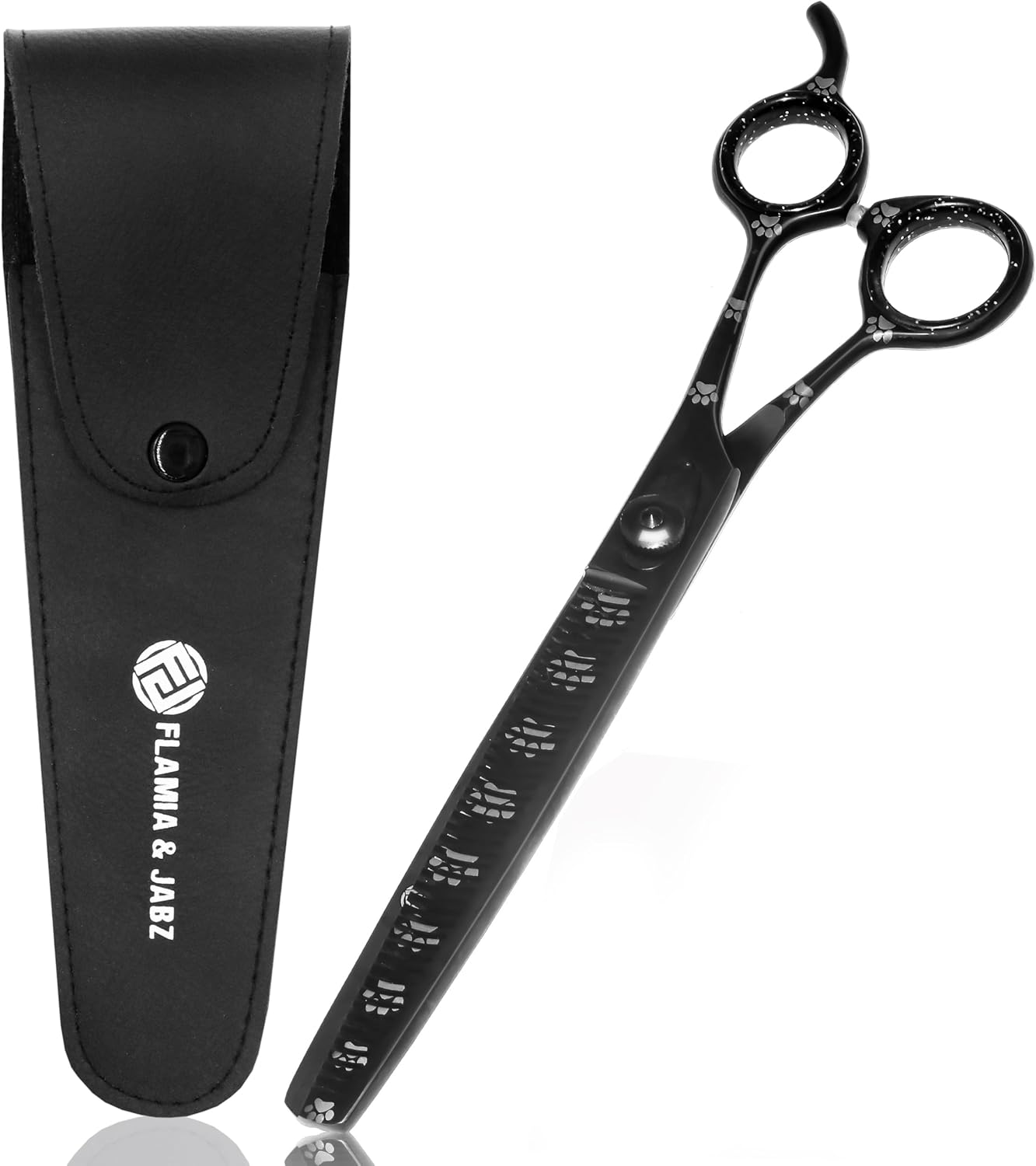 Professional Dog Grooming Thinning Scissors/Blender Shears with Paw Prints for Dogs, Cats & Pets (Right Handed, Black, Stainless Steel 8 Inch)
