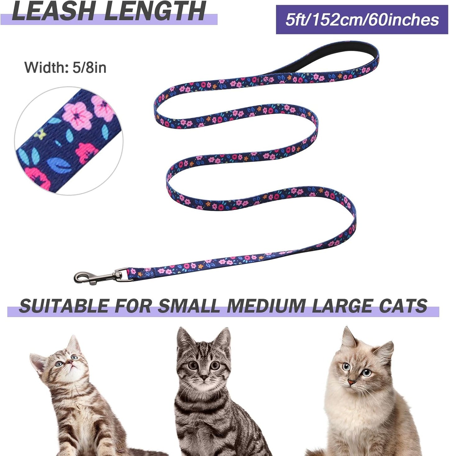 Hikiko Cat Harness and Leash Set Escape Proof Adjustable Walking Travel Cute Kitten Harness for Small Medium Large Cats (Navy Blue Floral, M)