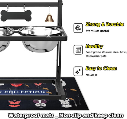 SHAINFUN Elevated Dog Bowls with Slow Feeder & Spillproof Mat, Raised Dog Bowl Stand with 2 Stainless Steel Food Water Bowls, Adjustable Height Stand for Large Medium Breeds