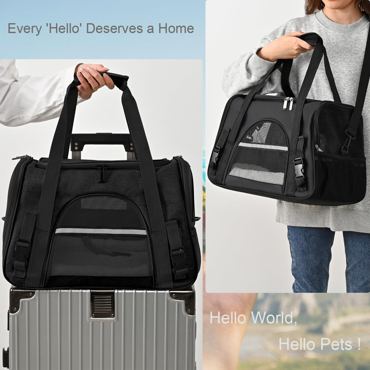 Dog Cat Carrier Soft for Small Pet Up to 16 Lbs TSA Airline Approved Travel Carrier Collapsible Puppy Car Mesh Bag 17.5 * 10.2 * 11.4 inch - Black