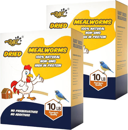 RANZ 20LBS Non-GMO Dried Mealworms for Chickens, High Protein Meal Worms, Premium Chicken Feed, Whole Large Mealworms for Blue Birds, Ducks, Fish