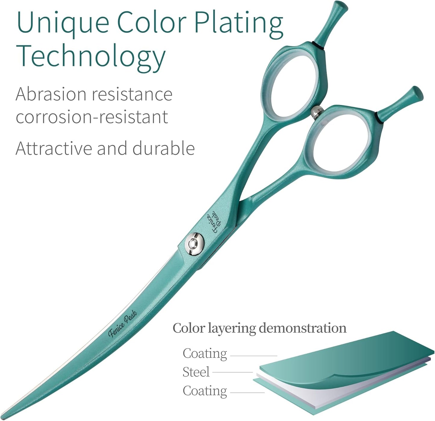 Fenice Peak Curved Dog Grooming Scissors with Green Color Coating 440C Stainless Steel Pet Grooming Bending Shears Sharp and Durable Comfortable Engonomic Handle