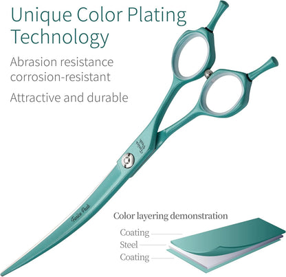 Fenice Peak Curved Dog Grooming Scissors with Green Color Coating 440C Stainless Steel Pet Grooming Bending Shears Sharp and Durable Comfortable Engonomic Handle