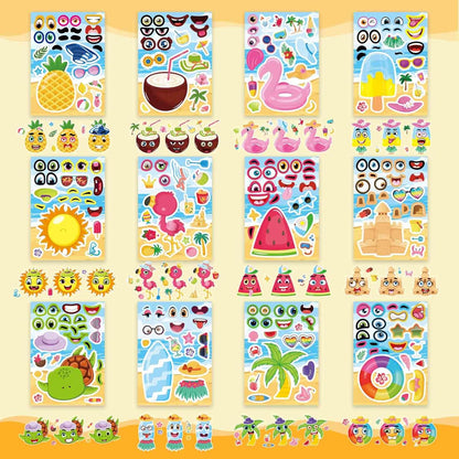 48 Sheets Summer Stickers for Kids, Make a Face Sticker Hawaii Tropical Pool Beach Sticker, Make Your Own Watermelon Pineapple Flamingo Stickers for Tropical Luau Party, Summer Holiday Party Favors