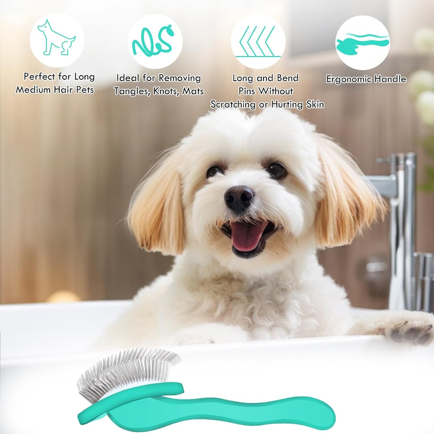 Dog Slicker Brush for Medium or Long Haired Dogs, Long Pin Slicker Brush for Removes Loose Hair, Tangles and Knots, Best Grooming Tools for Small Animals, Large, Free Pet Comb, Green