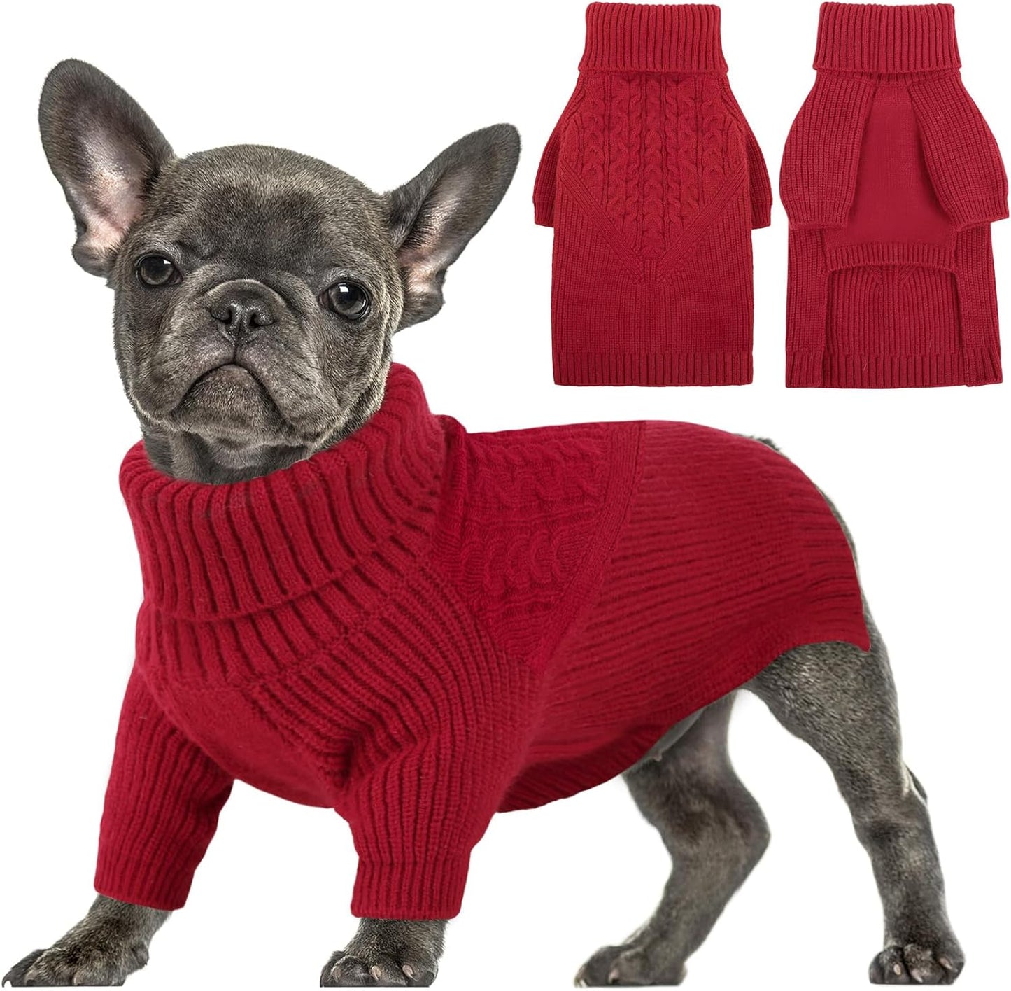 Queenmore Dog Sweater, Puppy Sweater for Small Dogs,Warm Winter Fall Dog Sweaters for Dog Girls Boys, Solid Turtleneck Knit Sweater for Large Medium Dogs,Long Sleeves Christmas Dog Sweater Red,S