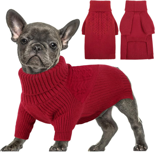 Queenmore Dog Sweater, Puppy Sweater for Small Dogs,Warm Winter Fall Dog Sweaters for Dog Girls Boys, Solid Turtleneck Knit Sweater for Large Medium Dogs,Long Sleeves Christmas Dog Sweater Red,S