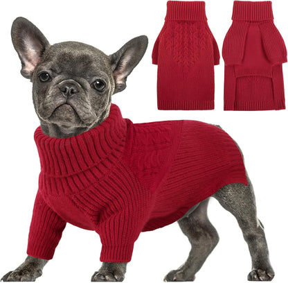 Queenmore Puppy Sweaters - Warm Winter or Fall Dog Sweaters ( Solid Turtleneck Knit, Red ) for Dog Girls & Boys, Small to Large