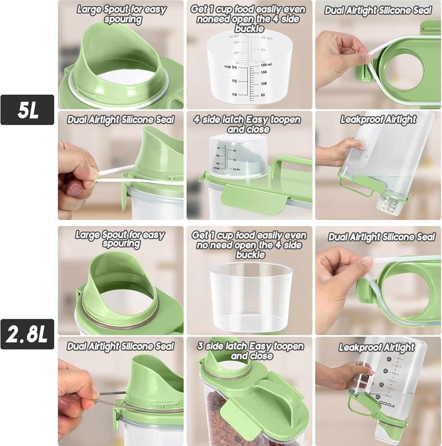 3+5LBS 2Pack Cat Dog Food Storage Container Upgraded Large Nozzle BPA-free, Plastic Pet Food Containers, With 4 Sealed Clasps/1 Measuring Cup/Handle Easy Clean and Carry (Green)
