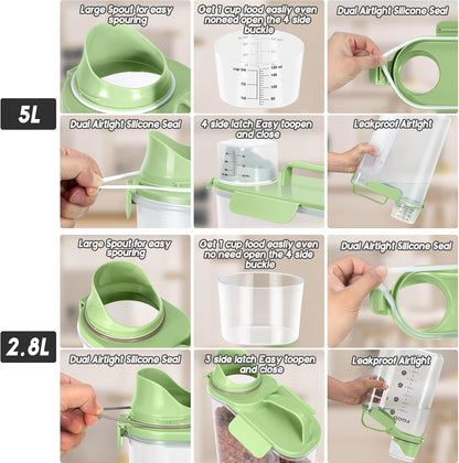 3+5LBS 2Pack Cat Dog Food Storage Container Upgraded Large Nozzle BPA-free, Plastic Pet Food Containers, With 4 Sealed Clasps/1 Measuring Cup/Handle Easy Clean and Carry (Green)