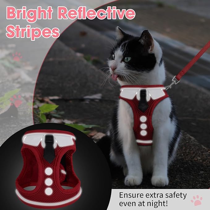 Cat Harness and Leash Set for Walking Escape Proof, Soft Adjustable Kitten Harness Breathable Mesh with Reflective Strips Harness for Kitty Puppy Bunny(Red,XS)