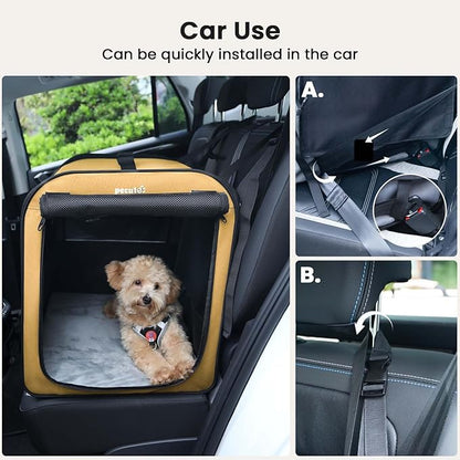 Dog Car Carrier Light Weight, Dog Carrier for Cars Easy to Assemble, Dog Cars Crate Portable and Breathable, Foldable Pet Carrier for Both Indoor and Outdoor Use, Dogs Travel Crate with Curtain Brown