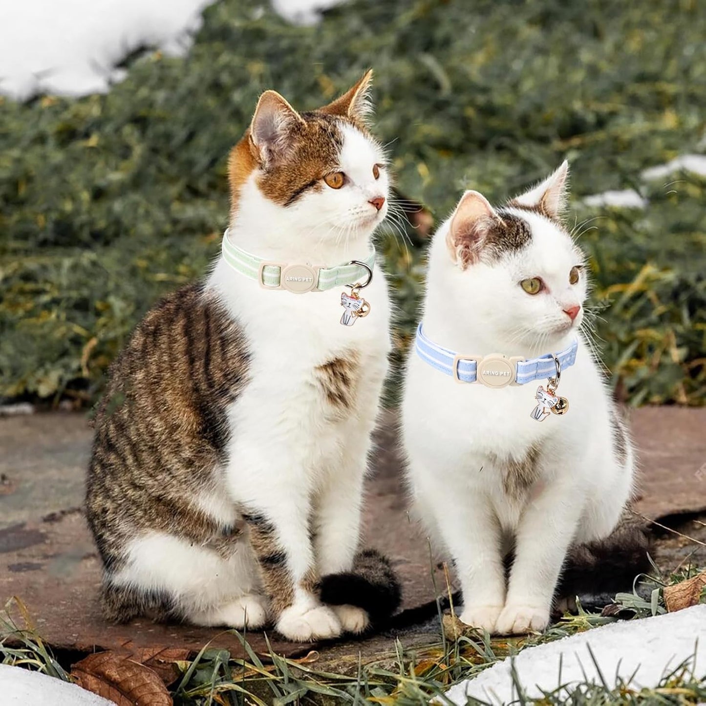 ARING PET 2 Pack Cat Collar-Cute Cotton Cat Collar Breakaway with Bell & Pendant, Adjustable Blue Green Striped Kitten Collars with Safety Buckle for Girl and Boy Pets