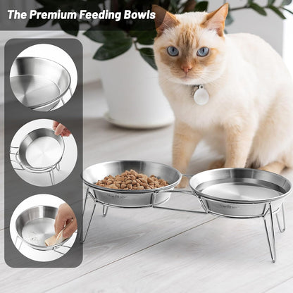 Elevated Cat Bowls, 5.9 Inch Wide Stainless Steel Cat Food Bowls with Metal Stand Whisker Stress-Free, Raised Food and Water Dish for Cats, Kitten