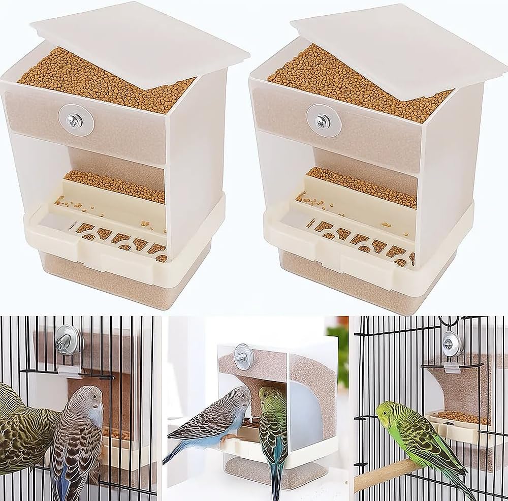 No Mess Bird Feeder, Automatic Acrylic Seed Catcher with Perch, Clear Food Container for Cage, Fits Parakeet, Cockatiel, Canary, Finch, Budgie, Lovebird (2 Pack)