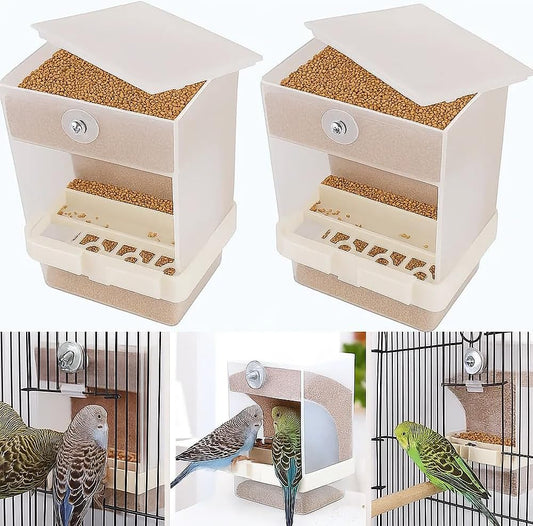 No Mess Bird Feeder, Automatic Acrylic Seed Catcher with Perch, Clear Food Container for Cage, Fits Parakeet, Cockatiel, Canary, Finch, Budgie, Lovebird (2 Pack)