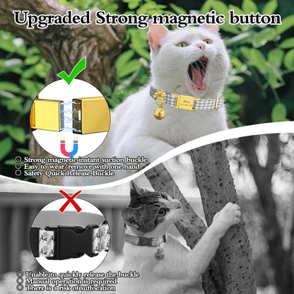 Personalized Breakaway Cat Collars - Magnetic Buckle, Bell - Safety Quick Release, Customized for Girls & Boys Cats- (Houndstooth-Grey)