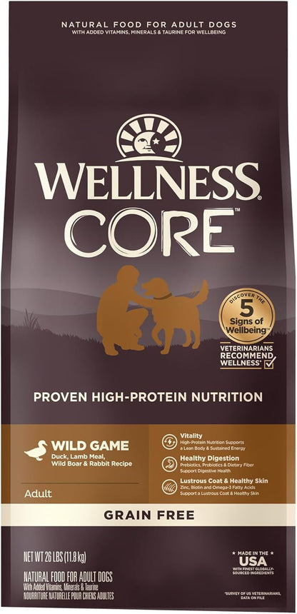 Wellness CORE Dry Dog Food, Grain-Free, High Protein, Natural, Wild Game Duck, Lamb, Wild Boar, & Rabbit Recipe, (26-Pound Bag)