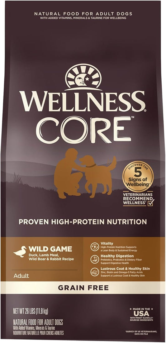 Wellness CORE Dry Dog Food, Grain-Free, High Protein, Natural, Wild Game Duck, Lamb, Wild Boar, & Rabbit Recipe, (26-Pound Bag)
